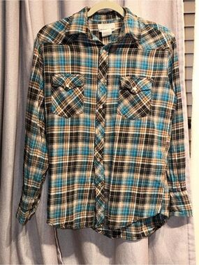 Wrangler Teal and Black Plaid Button-Down Shirt Wrancher